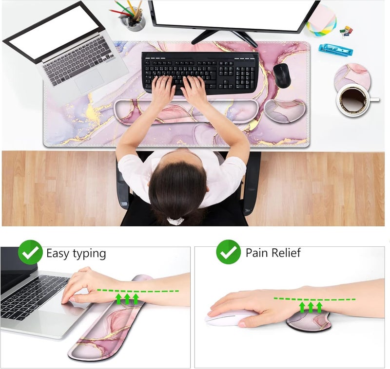AIMSA Large Gaming Mouse Pad Set, Keyboard Wrist Rest Support Mouse Pad, Ergonomic Memory Foam Multifunctional Extended Desk Mat 35x15.7in Anti-Slip Rubber Base for Office Home, Pink Purple Marble - Image 3